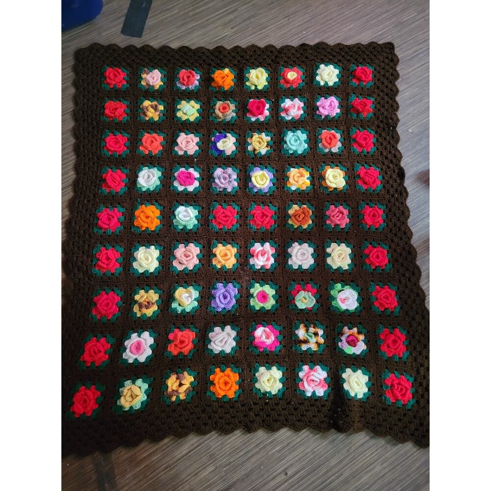 Handmade Roseanne 3D Floral Black Granny Square Blanket Roses Afghan